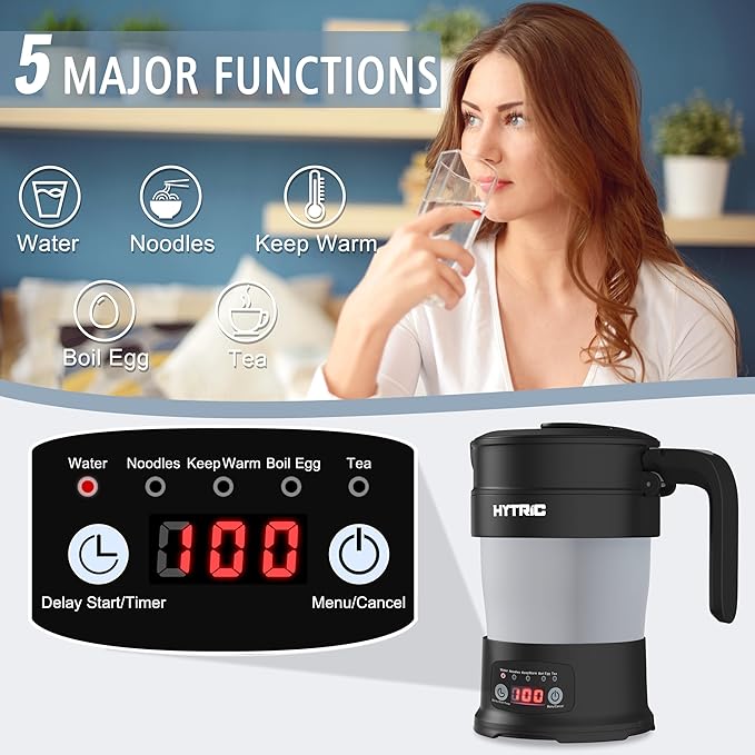 HYTRIC Travel Electric Kettle, 700ML Foldable Small Electric Kettle BPA-Free, Portable Kettle with Multifunctional Panel, Collapsible Hot Water Kettle with Keep Warm & Delay Start, 110V Black