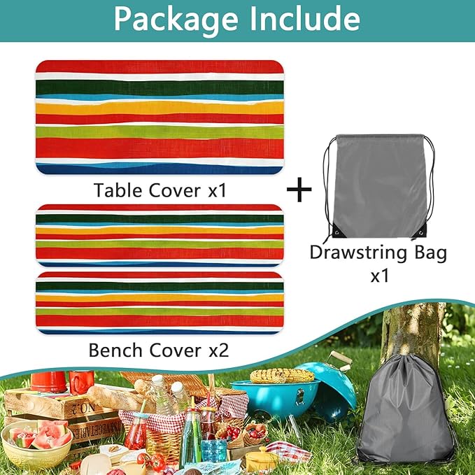 JAWO Picnic Table Covers with Bench Covers Modern Stripe Camping Tablecloth Fitted Picnic Table Cover with Elastic Windproof Waterproof Fabric, Camping Accessories Patio & Outdoo