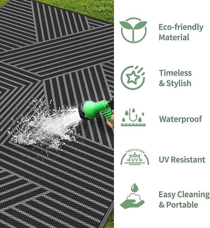 GENIMO Outdoor Rug for Patio Clearance,9'x12' Waterproof Large Mat,Reversible Plastic Camping Rugs,Rv,Porch,Deck,Camper,Balcony,Backyard,Black & Gray
