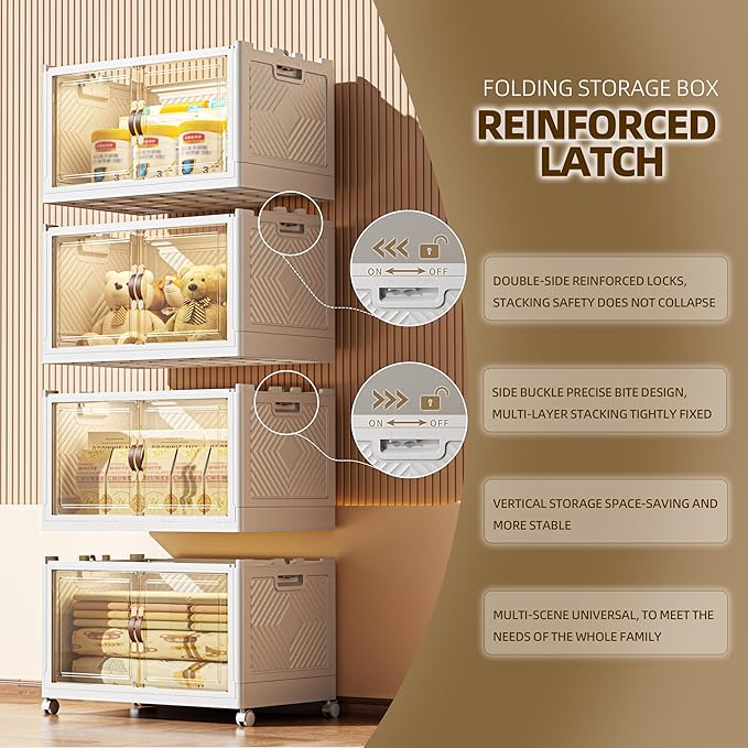 416 QT / 104 Gal Stackable Collapsible Storage Bins with Magnetic Doors & Wheels - Space-Saving Plastic Organizer Cabinet for Closet, Office, Home (White)