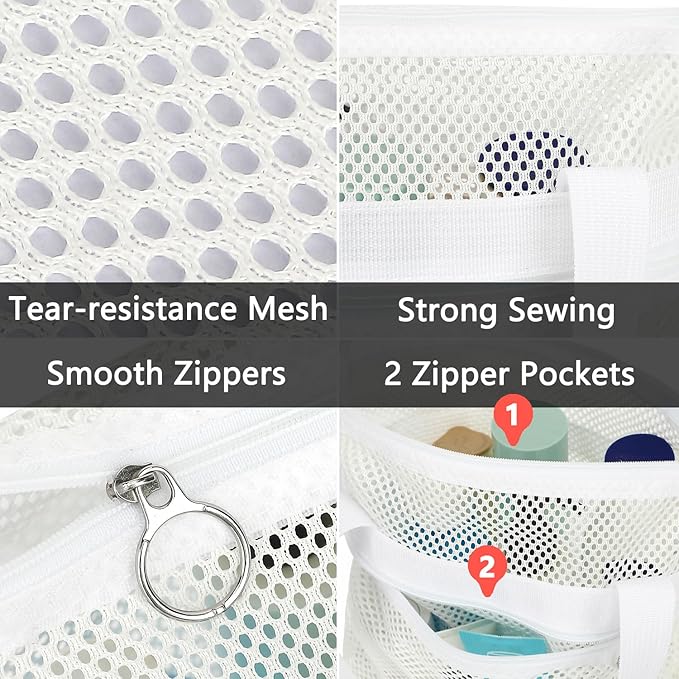 Mesh Shower Caddy Portable with Zipper & 2 Pockets - Quick Dry Shower Caddy Hanging for Travel Gym Camp Beach - Bathroom Organizer Bag Essentials for College Dorm