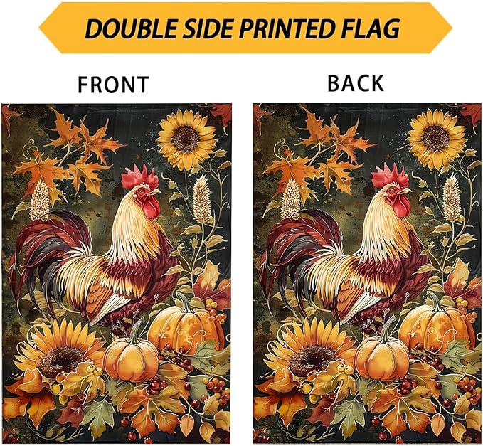 Autumn Rooster Garden Flag 12X18 Inch Double Side,Thanksgiving Harvest Fall Yard Flag,Pumpkin Small Garden Flag,Outdoor Fall Flag for Holiday Outside Patio Decoration