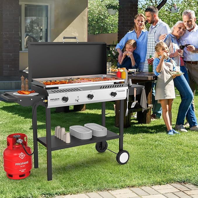 ROVSUN 3 Burner Outdoor Propane Gas Stove with Griddle, Ignition & Side Shelves, 225,000 BTU Powerful Gas Stove Outdoor Cooker for Backyard Patio Cooking Home Camping Grilling Canning Turkey Frying