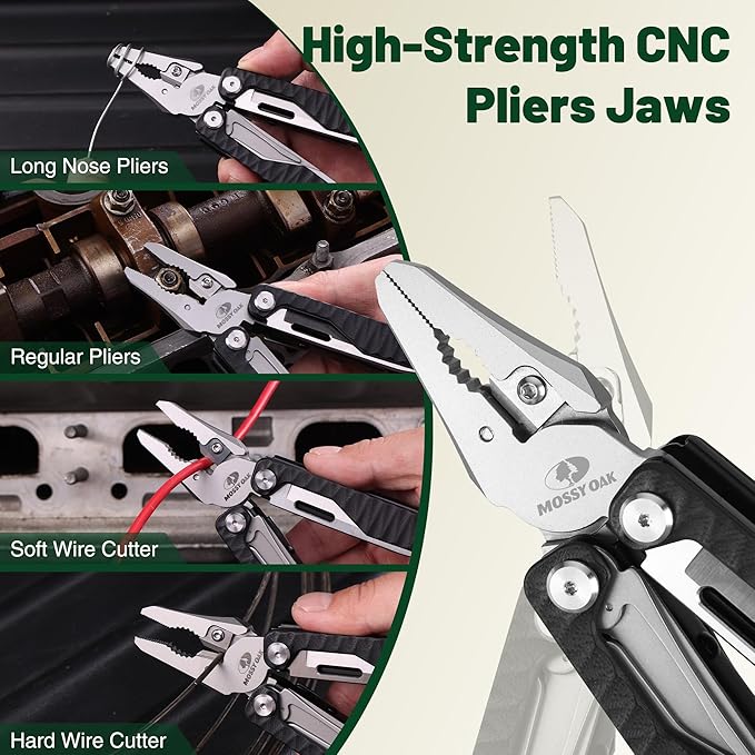 MOSSY OAK Multitool, 17-in-1 MultiTool Pliers with Nylon Sheath, Wire Stripper, Box Cutter, Bottle Opener, Screwdriver, Durable Multi Tool for Camping, Hiking, Hunting & EDC