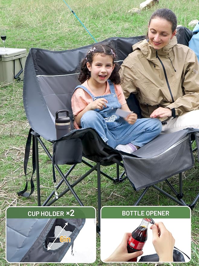 TIMBER RIDGE Padded 3 Person Camping Chair Supports to 1050lbs, Portable Camp Couch Double Camping Chairs, Outdoor Oversized Folding Loveseat Perfect for Campsites, Patio/Lawn, Soccer Games, Grey