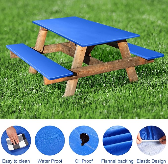 3 Pcs Picnic Table and Bench Fitted Tablecloth Cover for 6 Ft Table 30 x 72 Inch Vinyl Fitted Elastic Edges Waterproof Wipeable Tablecloth for Indoor Outdoor Travel Picnics Patio Camping (Blue)