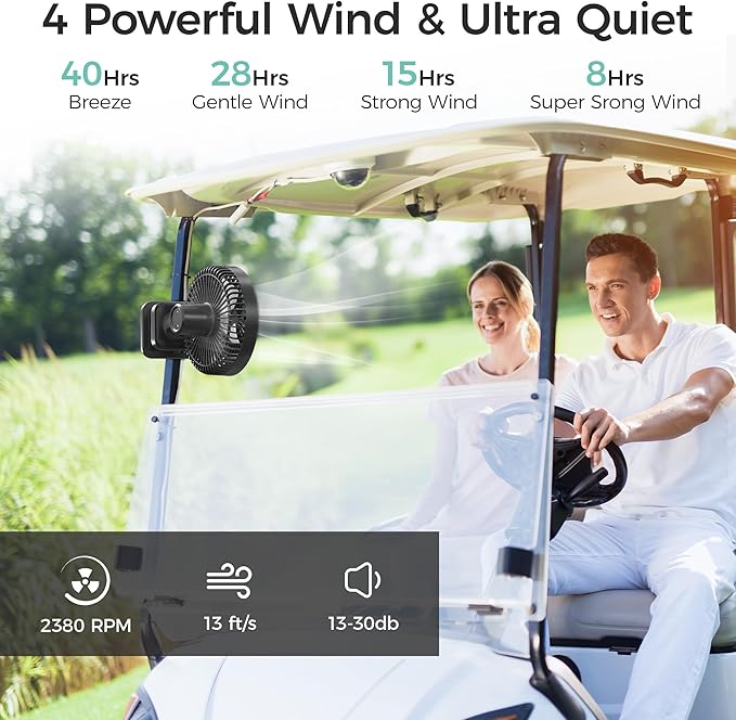 7-Inch Clip On Fan,10000mAh Rechargeable Battery Operated Desk Fan,Auto Oscillation Stroller Fan,Max 40Hrs Cooling,4 Speeds Table Fan with Sturdy Clamp for Golf Cart Office Treadmill Travel Outdoor