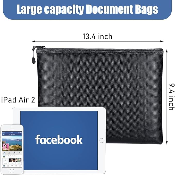 Epakh 2 Pack Fireproof Document Bags 13.4 x 9.4 Inch Waterproof and Fireproof Money Bag Document Holder with Zipper Fireproof Safe Storage Bag for A4 Documents, Money, Passport and Tablet