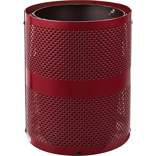 Global Industrial 32 Gallon Outdoor Perforated Steel Round Trash Can with Rain Bonnet Lid, Plastic Liner and Anchor Kit Included, 23-1/2" Diameter x 40-1/2"H, Red