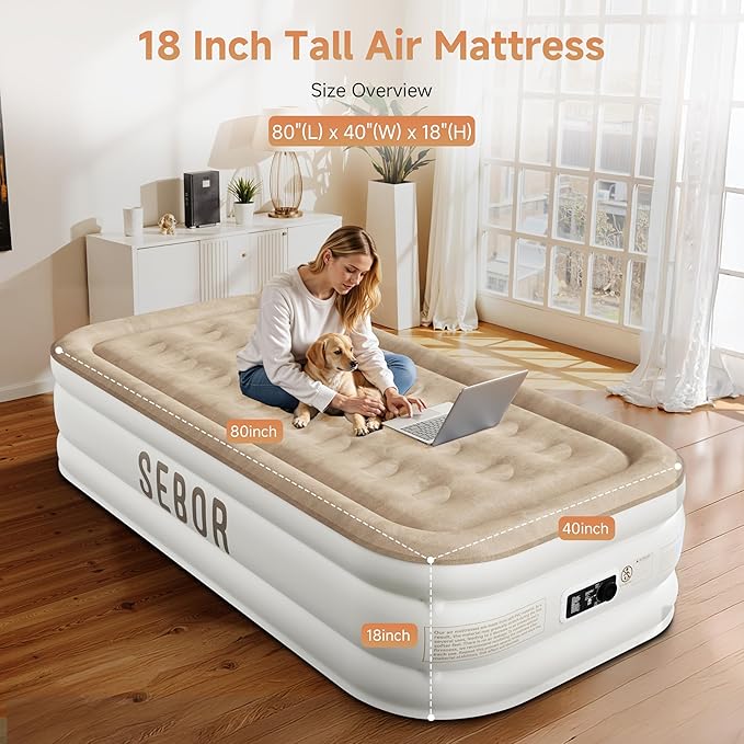 Air Mattress Twin with Built-in Pump 18", Comfortable Self-Inflating Air Mattress with High-Speed Pump, Durable Blow Up Mattress Twin with Storage Bag for Guests, Camping, Travel