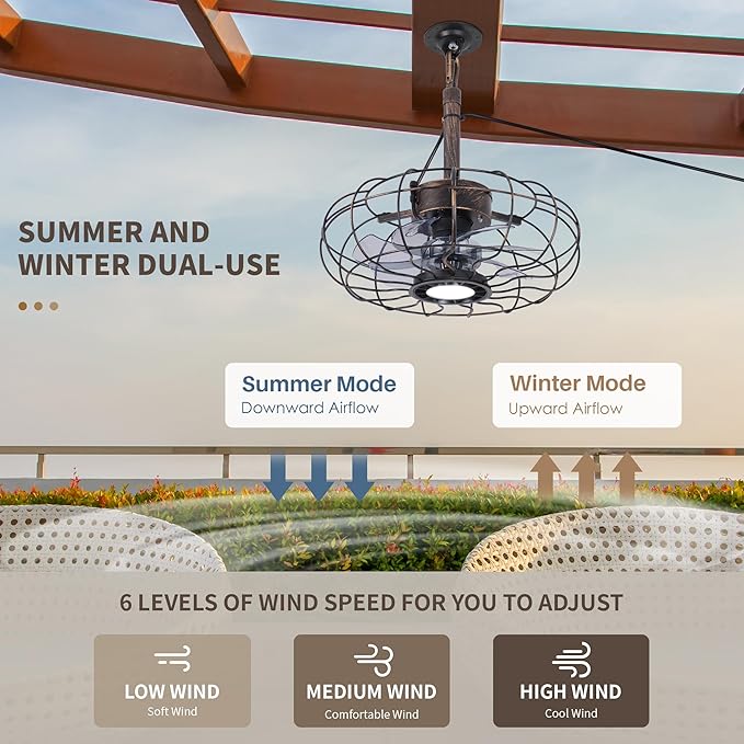 Outdoor Ceiling Fans with Light for Patios Gazebo, 15" Weatherproof Plug in Ceiling Fan, Gazebo Fan Remote, 3CCT Dimmable,Caged Ceiling Fan with Hanging Hook for Porch, Pergola,Canopy, Classical Black