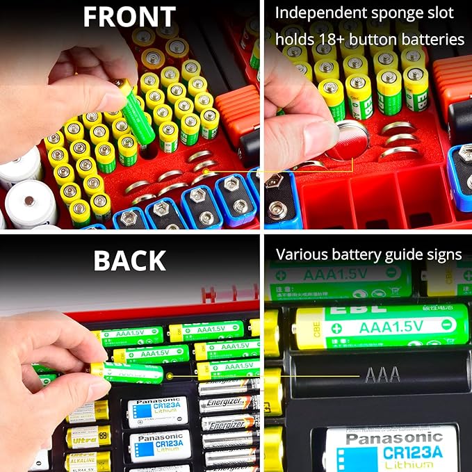 Battery Organizer Storage Holder Box Case with Tester- 269 Batteries Double-Sided Variety Pack, Holds AA AAA 4A C D Cell 9V 3V Lithium LR44 CR2 CR123 CR1632 18650 Button- Red (Box Only)