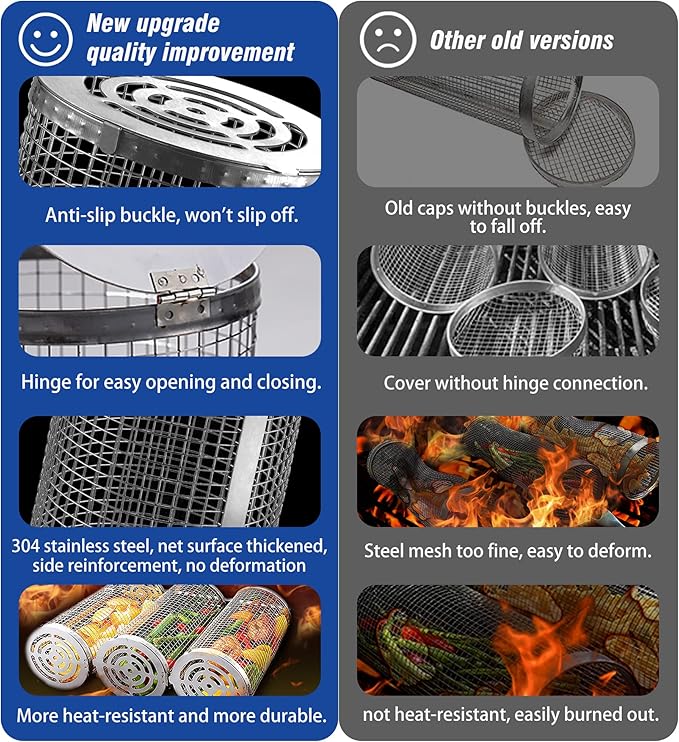 Rolling Grilling Baskets for Outdoor Grill Bbq Net Tube Stainless Steel Large Round Mesh Barbecue Accessories Wire Cylinder Cage Picnic Cooking Camping Basket for Veggies Vegetable Fish Meat
