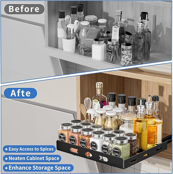 Pull Out Spice Rack Organizer for Cabinet, 1 Tier Heavy Duty Spice Rack, Vertical Spice Rack for Kitchen Cabinet and Pantry (12.6''Wx10.5''Dx2.8''H, Metal Black)