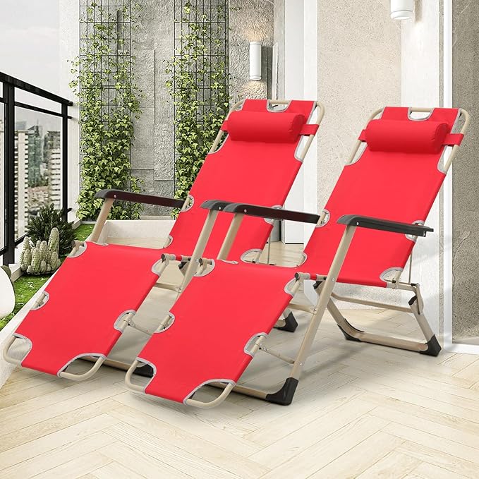 MoNiBloom 3-Position Folding Reclining Patio Chair Set of 2, Patio Lounger Folding Chairs with Adjustable Backrest and Headrest for Backyard Poolside Lawn, 330lbs Capacity