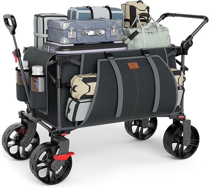 EVER ADVANCED Folding Push Wagon with Brakes, Portable Shopping Cart, Collapsible Wagon Cart with All-Terrain Big Wheels for Camping, Beach, Sports