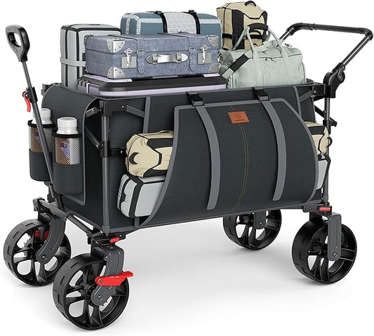 EVER ADVANCED Folding Push Wagon with Brakes, Portable Shopping Cart, Collapsible Wagon Cart with All-Terrain Big Wheels for Camping, Beach, Sports