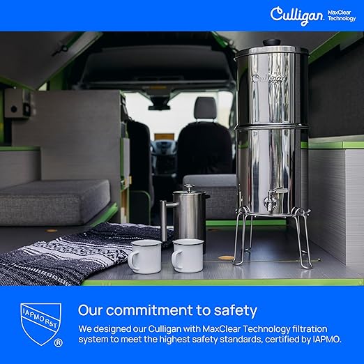 Culligan with MaxClear Technology 3 Gallon Gravity Water Filter System, Brushed Countertop Ceramic Water Filter NSF/ANSI Certified to Reduce Lead, Microplastics & Total PFAS, with 3 Filters