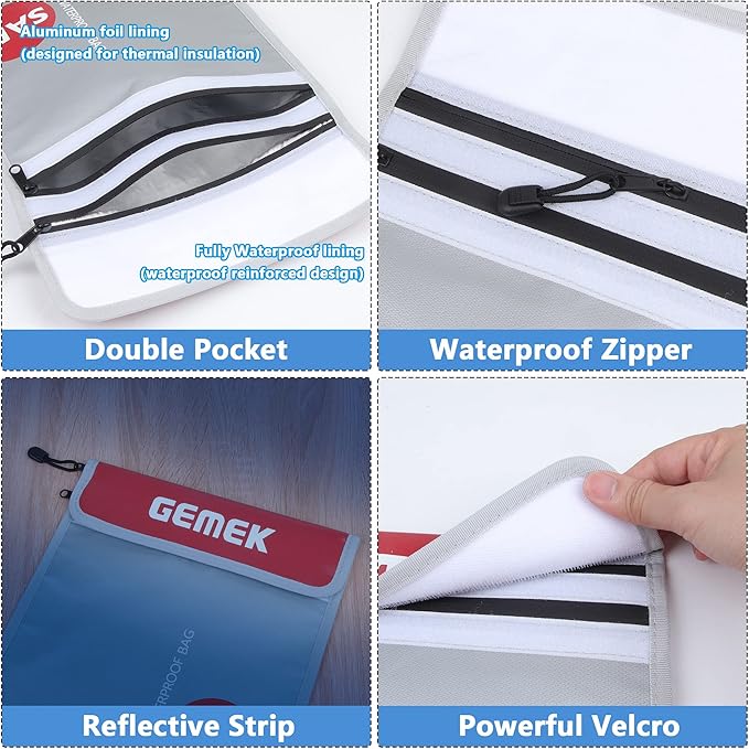 Fireproof Document Bag (2000℉) Upgraded 2 Pockets, GEMEK 15”x 11” Fireproof and Waterproof Money Bag Fireproof Safe Storage for Money, Documents, Jewelry and Passport (Silver - 2 Zipper)