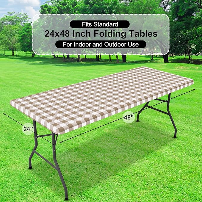 misaya Buffalo Rectangle Picnic Tablecloth, 4 Foot Elastic Fitted Vinyl Table Cloth with Flannel Backing, Waterproof Plaid Table Covers for Dining, Camping, Outdoor (Khaki and White, 24" x 48")