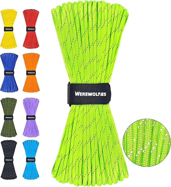WEREWOLVES Reflective Paracord Rope 7 Strand Type III Parachute Cord 4mm 100ft / 200ft for Tent Camping Hiking Fishing Survival Tactical Clothesline DIY Projects