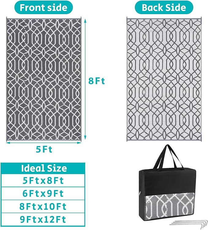 HEBE Outdoor Rug Waterproof 5x8, Reversible Plastic Straw Rug RV Camping Rug, Indoor Outdoor Patio Mat Clearance, Outside Carpet for Porch,Deck,Camper,Balcony,Backyard,Picnic