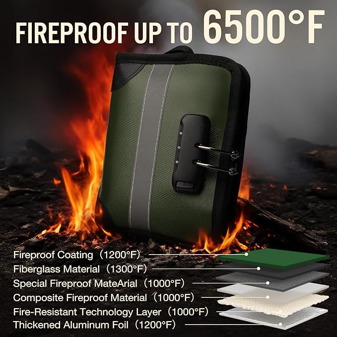 Fireproof Document Bag with Lock and Zipper – Fireproof Money Pouch with Reflective Strip, Wide Opening, Large Capacity (1.57" x 8.66" x 6.3"), Secure Cash, Phones, Cards & Passports – Green, Small
