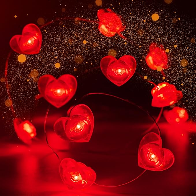 10FT Red Heart Fairy Lights Battery Operated with Timer for Mothers Day Decoration, LED String Lights Indoor Outdoor Waterproof Twinkle Lights for Christmas Proposal Anniversary Valentines Party Decor