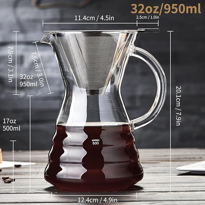 Unbreakable - Pour Over Coffee Maker with Permanent Stainless Filter 32 fl oz, Thickened Heat-Resistant Borosilicate Glass Dripper Coffee Brewer, Stovetop Safe