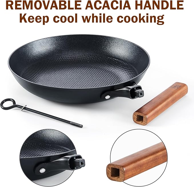 DM Cast Iron Skillet, 8 Inch Nonstick Frying Pan with Detachable Acacia Wooden Handle, Honeycomb Non stick Omelet Egg Pan, Easy Clean Oven Safe Pans for Cooking