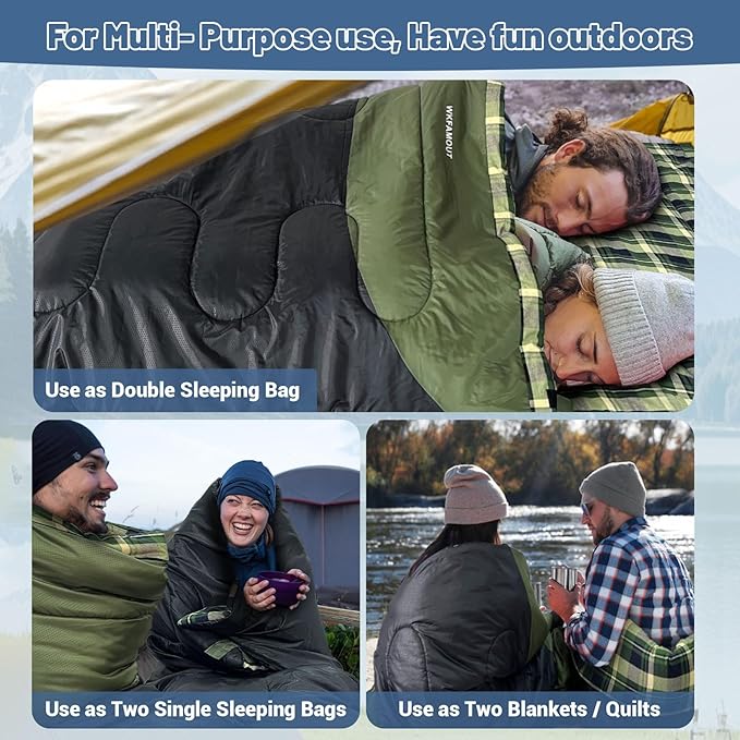 Double Sleeping Bag for Adults Machine Washable 2 Person Camping Sleeping Bag Queen Size Waterproof with Compression Sack for Cold Weather 3-4 Seasons