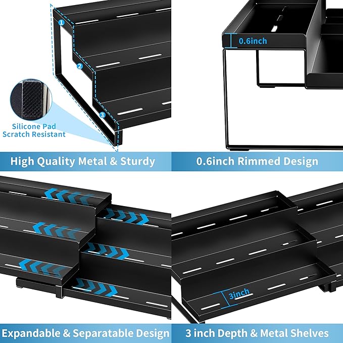 Spice Rack Organizer for Cabinet, Expandable 3 - Tiered Spice Rack, Metal Spice Organizer, Spice Shelf Organizer for Cabinet, Countertop, Pantry, Cupboard, Black