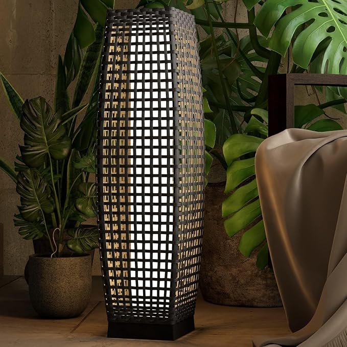 Grand patio Outdoor Floor Lamp Solar Powered Lantern Water-Resistant Wicker Deck Light for Garden or Porch -Large Fuji, Silver Gray