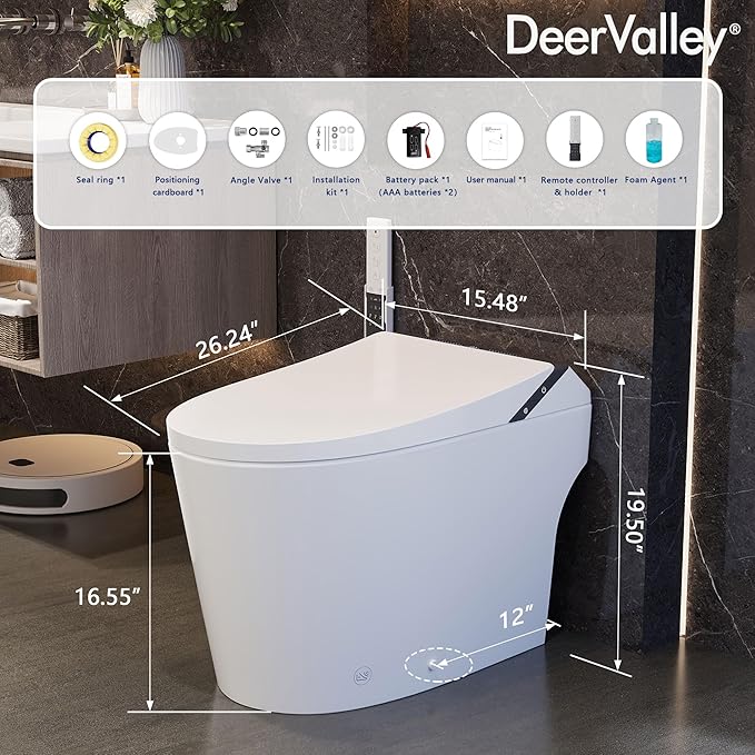 DeerValley Smart Toilet, Smart Bidet Toilet 1.28 GPF Dual Flush, Auto Open/Close Lid, ADA Chair Height and Cleaning Foam Dispenser, Heated Seat, Dryer, Night Light, Deodorization, LED Display