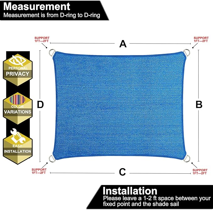 11' x 19' Blue Outdoor Sun Shade Sail Canopy ??UV Resistant Permeable Awning Fabric for Patio, Garden, Backyard, Pergola, Carport, Lawn Shelter Cover
