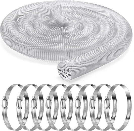 2.5 inches 30 ft PVC Dust Collection Hose with Stainless Steel Clamps Set Flexible Clear Vacuum Puncture Resistant Fume Hose for Vacuums Cleaner Fume Dust Collection System