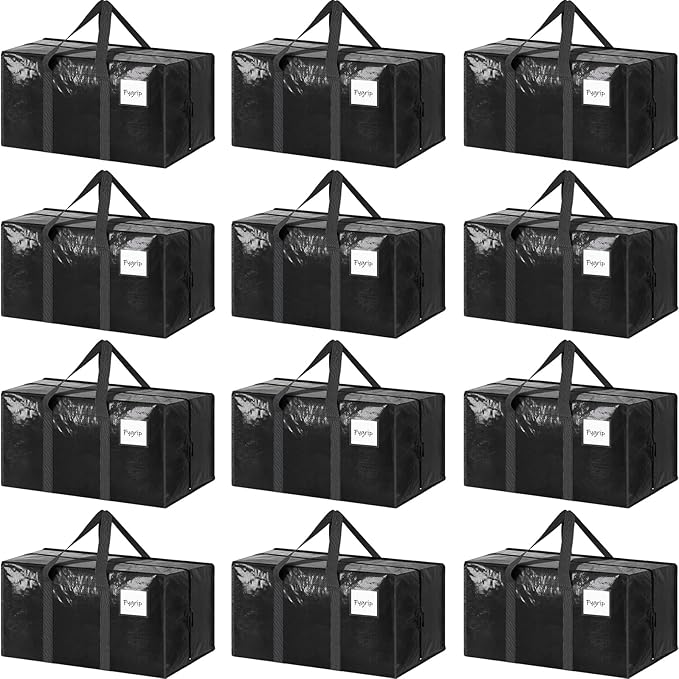12 Pack Extra Heavy Duty Large Moving Bags with Strong Zipper & Comfortable Handles, Sturdy & Durable Clothes Storage Bags Totes Bins, Packing Moving Boxes for College Supplies, Black