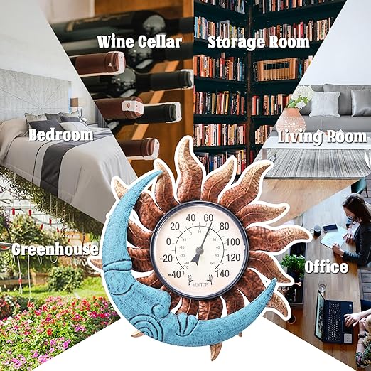 MUMTOP Indoor Outdoor Thermometer - Sun and Moon Wall Thermometer, Outdoor Thermometers for Patio, Room, Greenhouse, Outside, Garden Decor