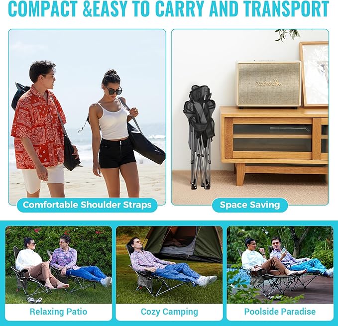 #WEJOY 2-in-1 Reclining Camping Chair with Footrest for Adults Folding Lounge Chair with Adjustable Backrest Lightweight Camping Chairs Heavy Duty Camp Chairs for Outdoor