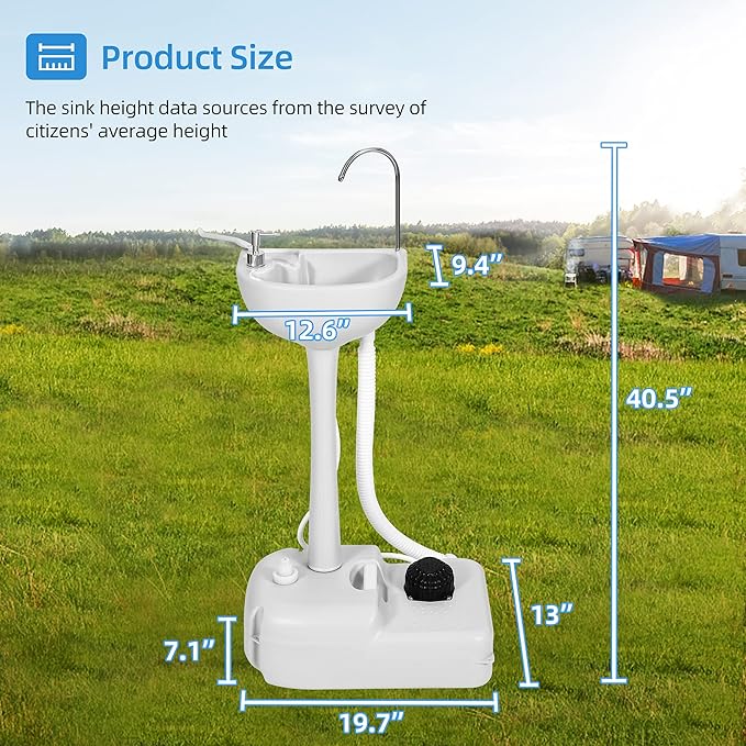 YITAHOME Portable Sink Camping Hand Washing Station with 17 L Wash Basin Stand, Rolling Wheels, Soap Dispenser, Towel Holder, for Outdoor, Travel, Boat, Gather, Garden, Worksite, White