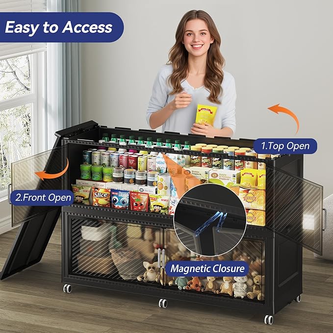 320GAL Extra Large Stackable Storage Bins with Lid, 1280QT Plastic Closet Organizer and Storage Cabinet with Wheels and Doors, Folding Storage Box Container for Home Organization, 4Pack Black