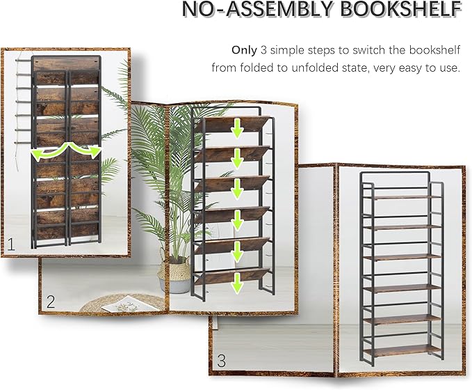 4NM No-Assembly 6 Tiers Folding Bookshelf Storage Shelves Vintage Bookcase Standing Racks Study Organizer Home Office (Rustic Brown Black)