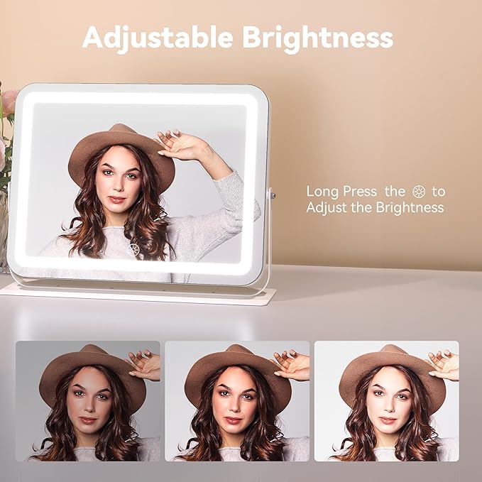 MINISO Vanity Mirror with Lights, 16" x 12" LED Makeup Mirror, Light & Brightness Adjustment, Smart Sensor, 360°Rotation, Aluminum Alloy Metal White Frame, with 10X Magnifying Glass