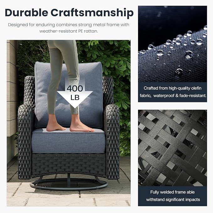 7 Pieces Outdoor Patio Furniture Sets with Rocking Swivel Chairs with 6-inch Thick Cushion and Side Table for Deck Lawn