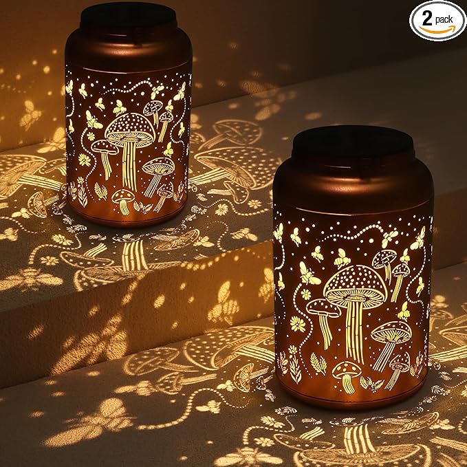 2 Pack Solar Lanterns Outdoor Waterproof, Mushroom Garden Decor Gifts for Women Mom Grandma Hanging Solar Lights Metal Solar Decoration Outside LED Lanterns for Yard, Patio, Lawn