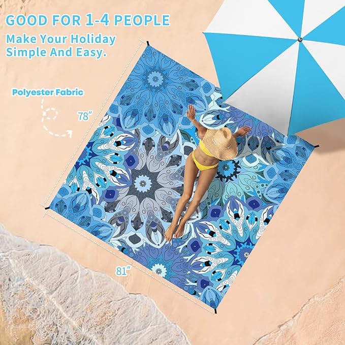 BYDOLL Beach Blanket Waterproof Sandproof 78''×81'' Suits1-4 Adults Compact Lightweight Oversized Sand-Free Blanket Large Picnic Mat for Beach Travel Camping Hiking