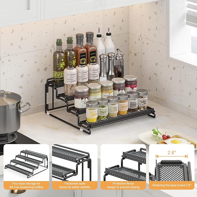 4 Tier Spice Rack Organizer for Inside Cabinet Display Riser Shelf Seasoning Organizer for Countertop Cupboard Pantry Step Storage Holder with Protection Railing (2PC Black)