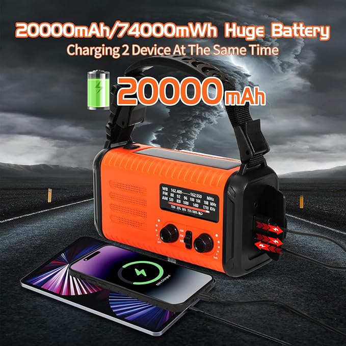Emergency Weather Radio, 20000mAh Solar Radio, Hand Crank Radio with AM/FM/NOAA, Portable Radios with Flashlight & Reading Lamp, Earphone Jack, SOS Alarm, Phone Charger for Indoor Outdoor Emergencies