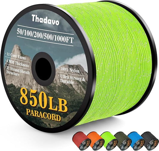 Reflective Paracord Rope 850Ib, 50/100/200/500/1000ft 4MM 11 Strand Parachute Spool Cord, Paracord Lanyard String for Tent, Camping, Clotheline, Hiking, Fishing, Bracelet, Neon Green 100FT