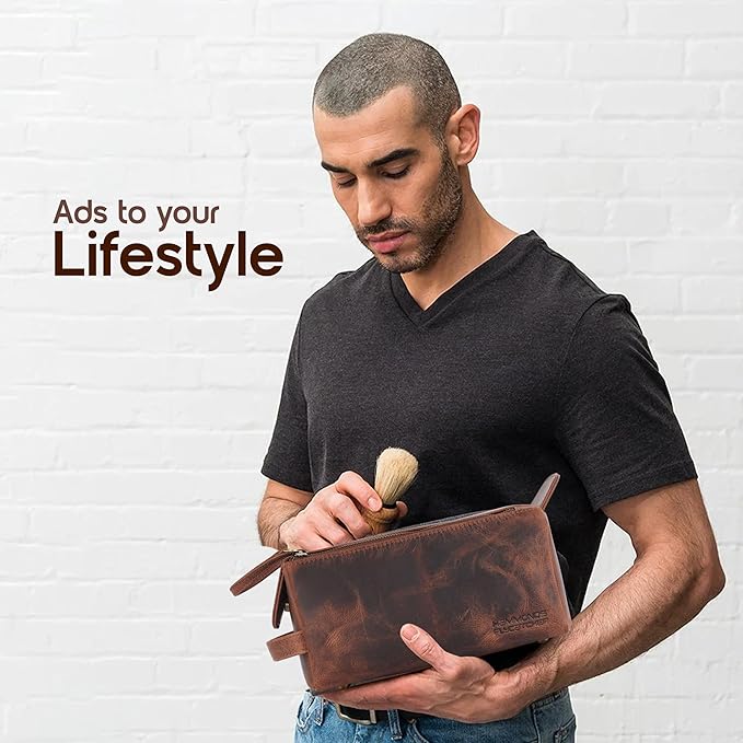 Genuine Leather Travel Toiletry Bag for Men and Womens Makeup Bag Organizer, Grooming and Shaving Essentials- Mens Dopp Kit for Travel - Large Cosmetic Bags for Women - Vintage Tan